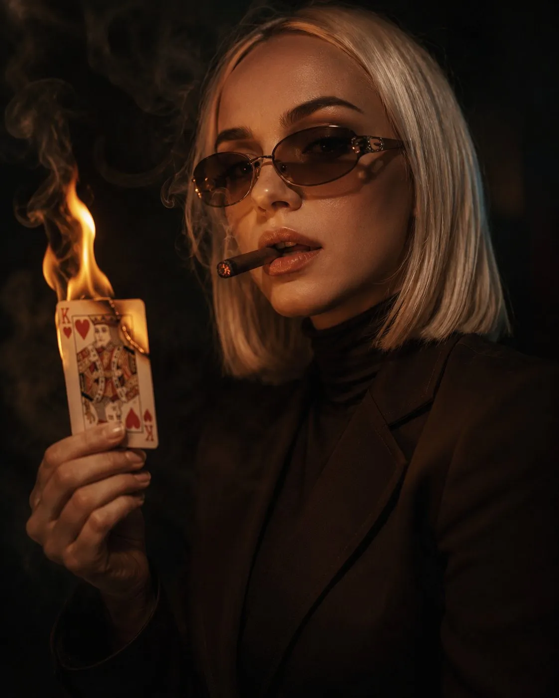 Cinematic moody portrait of a stylish woman in a dark brown high-neck suit and oval sunglasses, smoking a thin cigar while holding a burning king-of-hearts playing card, fire glow on her face, dark-noir atmosphere