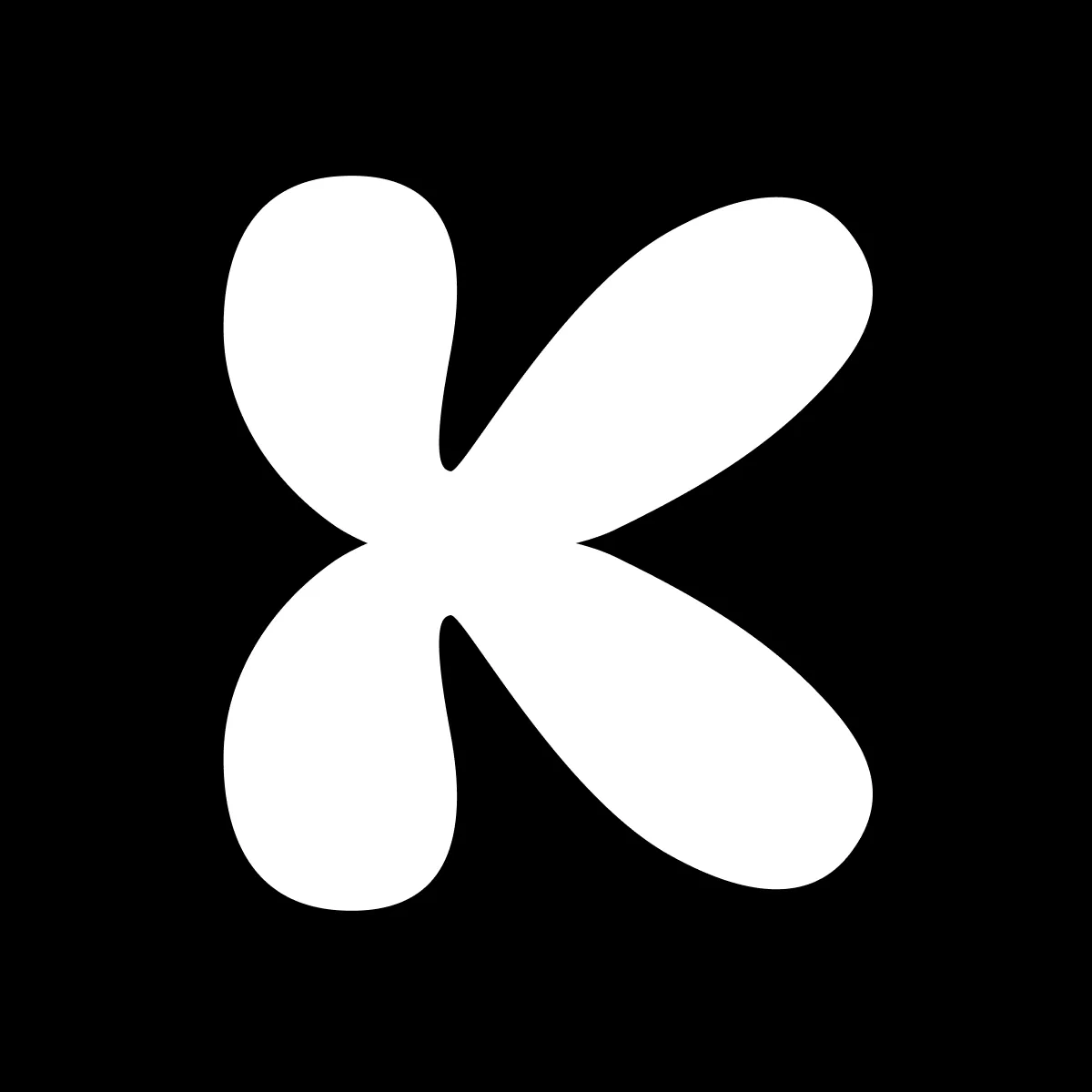 Rounded white brand K logo on a black background