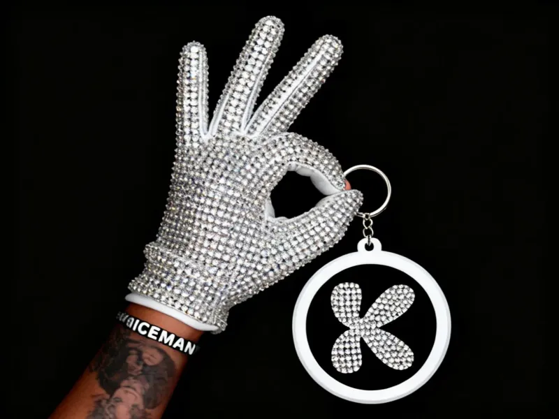 Round fully rhinestone-encrusted keychain with a rhinestone brand logo and a thick diamond chain threaded through the thumb of a sparkling crystal-gloved hand, white background, luxury product edit