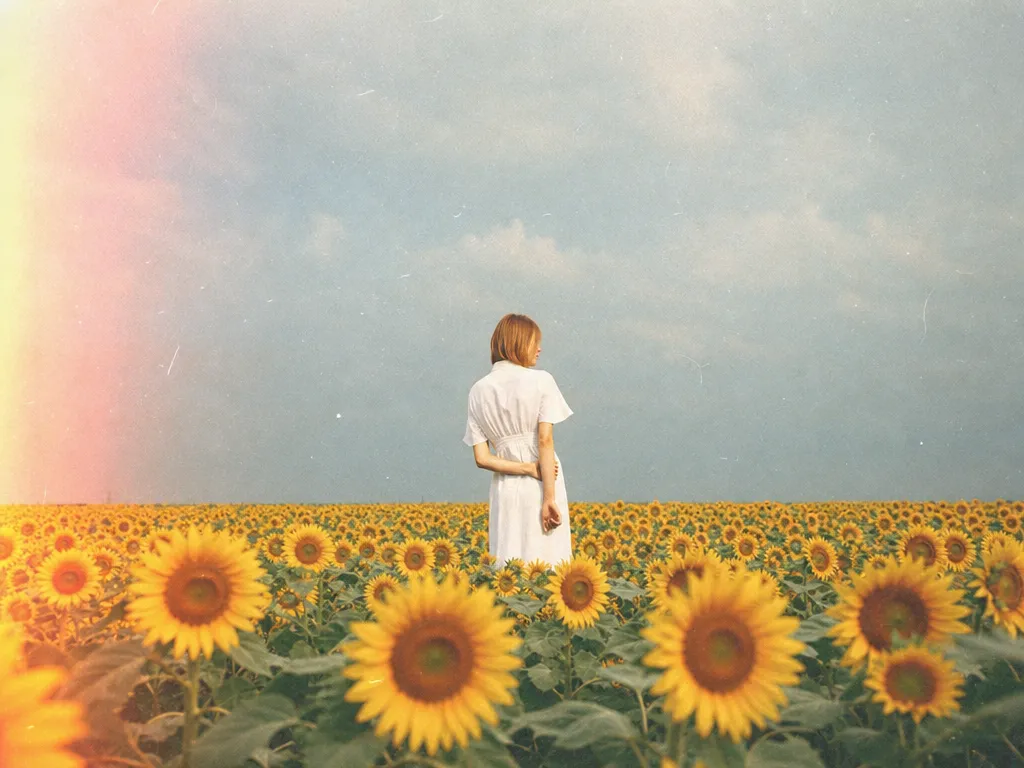 Faded 90s disposable camera photo of a woman in a white dress standing in a sunflower field, with film grain, scratches, motion blur, and warm sunset glow leaking from a corner