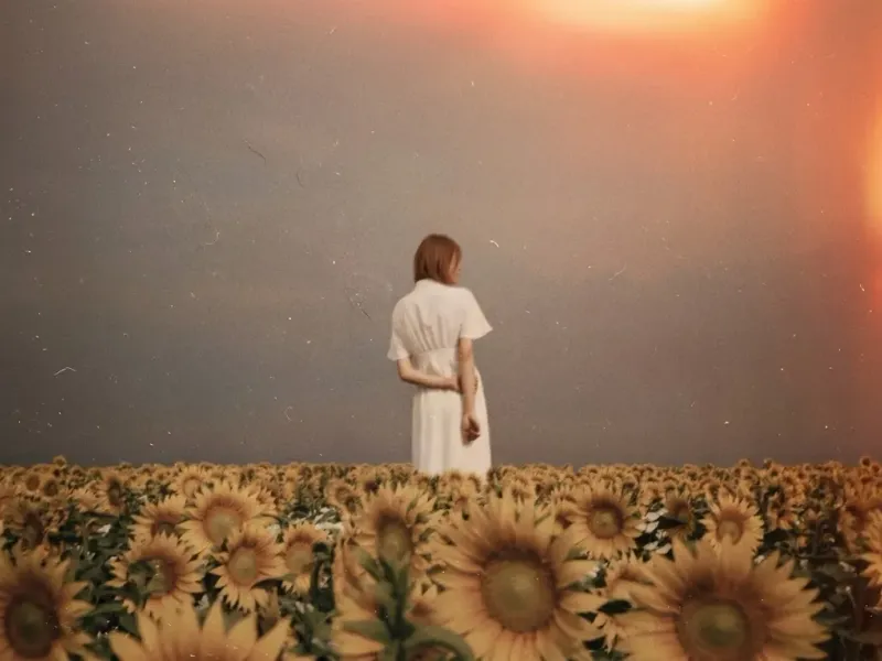 Faded 90s disposable camera photo of a woman in a white dress standing in a sunflower field, with film grain, scratches, motion blur, and warm sunset glow leaking from a corner