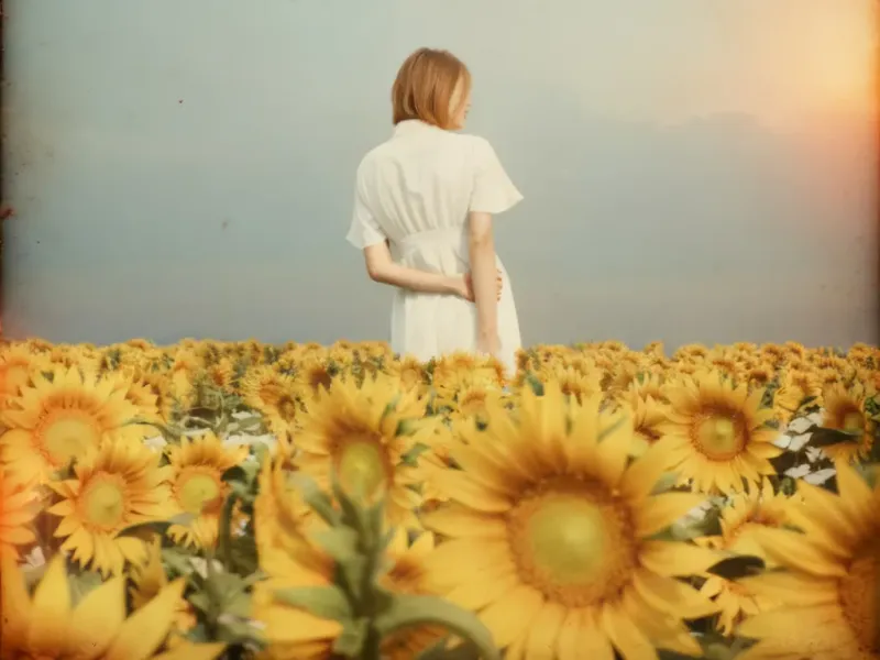 Faded 90s disposable camera photo of a woman in a white dress standing in a sunflower field, with film grain, scratches, motion blur, and warm sunset glow leaking from a corner