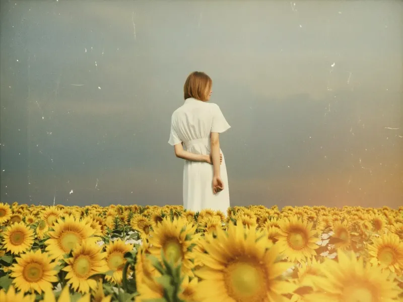 Faded 90s disposable camera photo of a woman in a white dress standing in a sunflower field, with film grain, scratches, motion blur, and warm sunset glow leaking from a corner