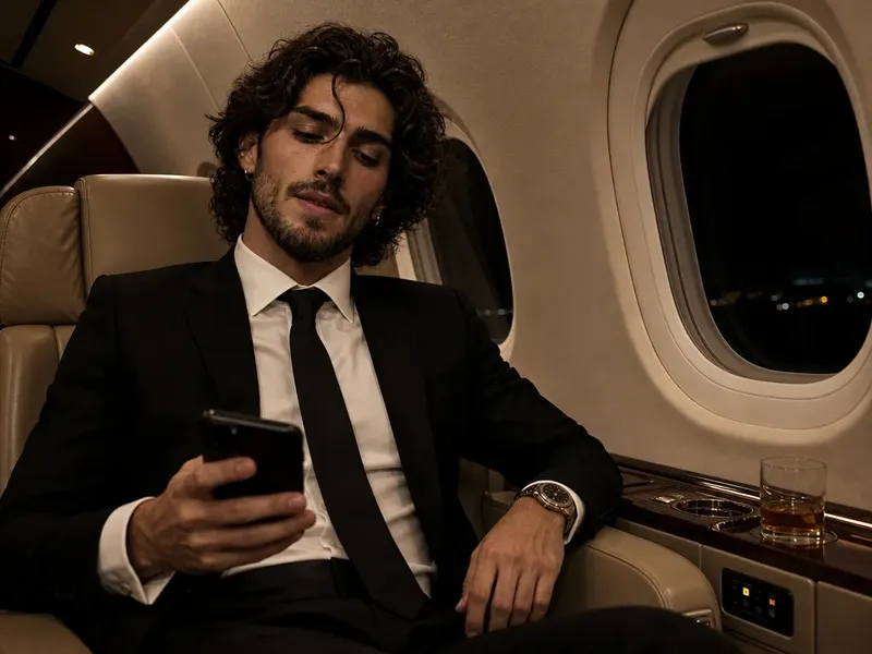 Photorealistic portrait of a man in a tailored black suit seated in a luxury private jet cabin at night, smartphone in hand, warm ambient lighting across cream and dark beige leather seating