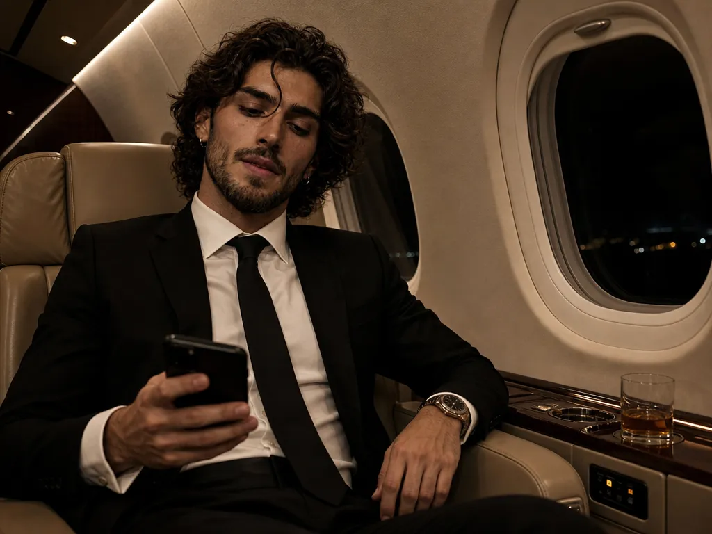 Photorealistic portrait of a man in a tailored black suit seated in a luxury private jet cabin at night, smartphone in hand, warm ambient lighting across cream and dark beige leather seating