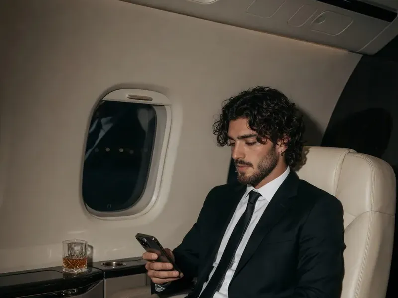 Photorealistic portrait of a man in a tailored black suit seated in a luxury private jet cabin at night, smartphone in hand, warm ambient lighting across cream and dark beige leather seating