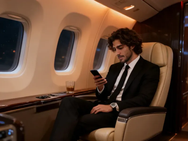 Photorealistic portrait of a man in a tailored black suit seated in a luxury private jet cabin at night, smartphone in hand, warm ambient lighting across cream and dark beige leather seating