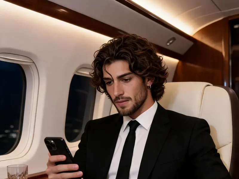 Photorealistic portrait of a man in a tailored black suit seated in a luxury private jet cabin at night, smartphone in hand, warm ambient lighting across cream and dark beige leather seating