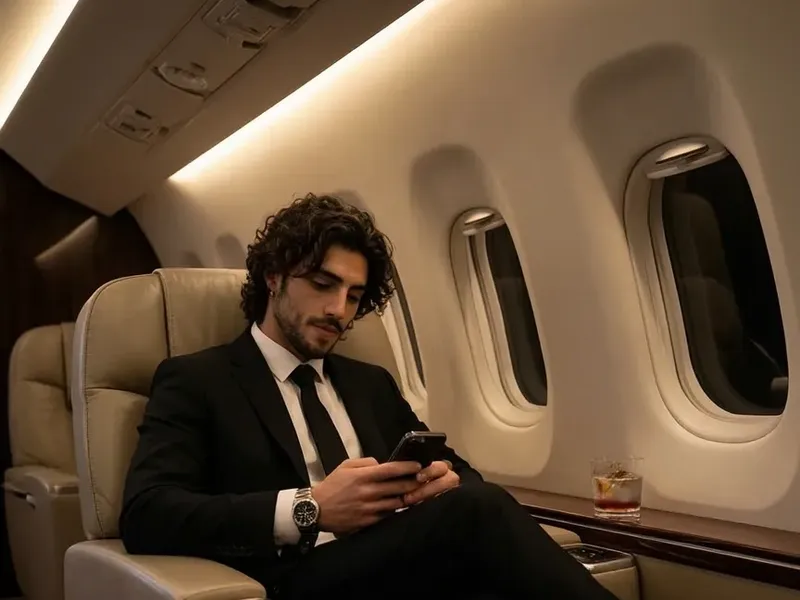 Photorealistic portrait of a man in a tailored black suit seated in a luxury private jet cabin at night, smartphone in hand, warm ambient lighting across cream and dark beige leather seating