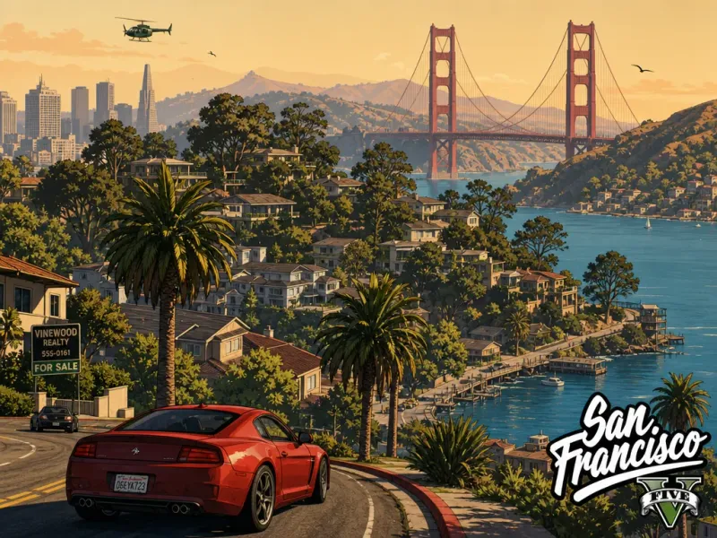 GTA 5 game-art style version of the San Francisco skyline, saturated colors and toon-shaded geometry, with a 'San Francisco' caption in the bottom-right corner