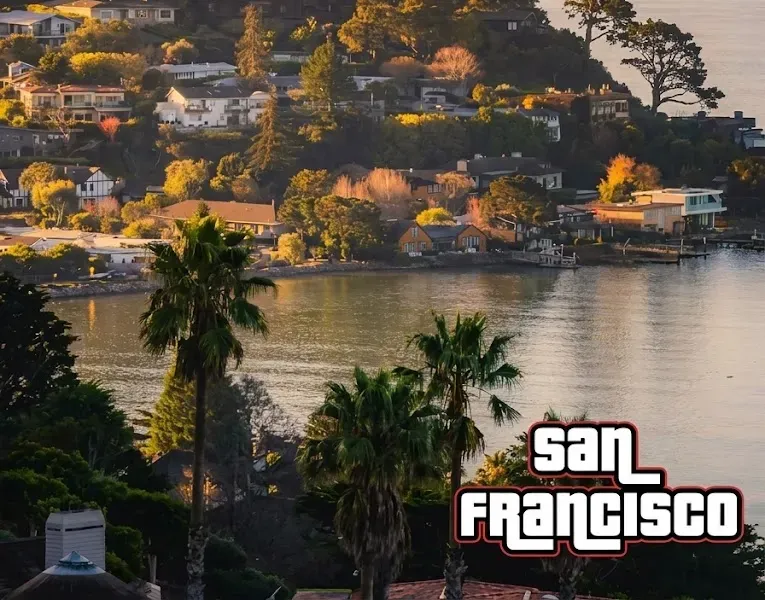 GTA 5 game-art style version of the San Francisco skyline, saturated colors and toon-shaded geometry, with a 'San Francisco' caption in the bottom-right corner