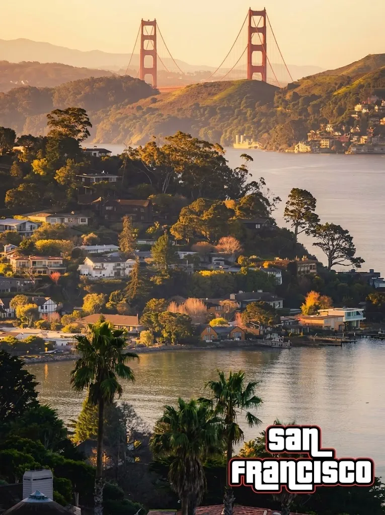 GTA 5 game-art style version of the San Francisco skyline, saturated colors and toon-shaded geometry, with a 'San Francisco' caption in the bottom-right corner