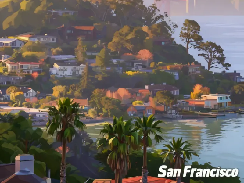GTA 5 game-art style version of the San Francisco skyline, saturated colors and toon-shaded geometry, with a 'San Francisco' caption in the bottom-right corner