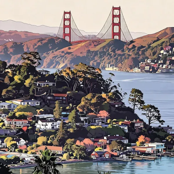 GTA 5 game-art style version of the San Francisco skyline, saturated colors and toon-shaded geometry, with a San Francisco caption in the bottom-right corner