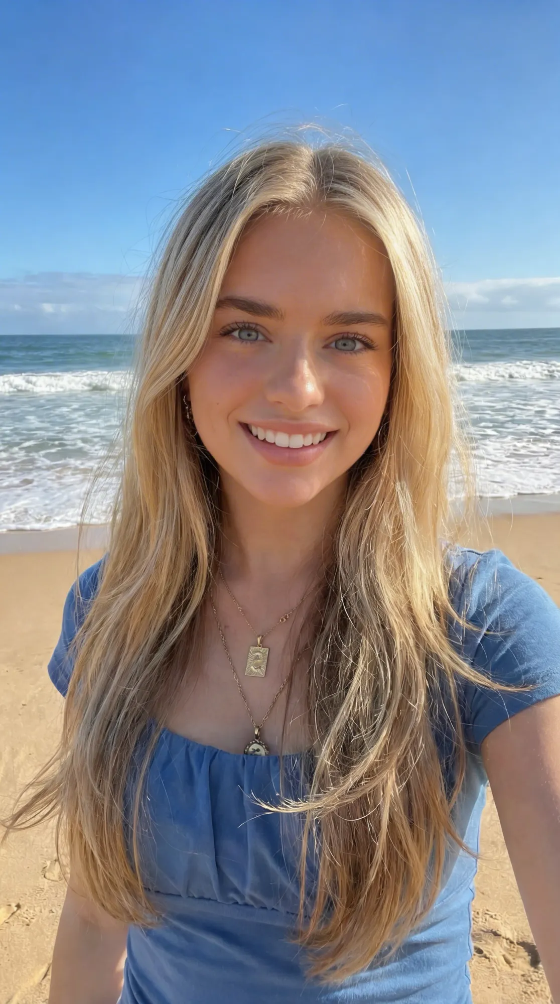 Headshot reference of a young woman with long blonde hair smiling on a beach, blue sky behind, used as identity anchor for the pool portrait edit