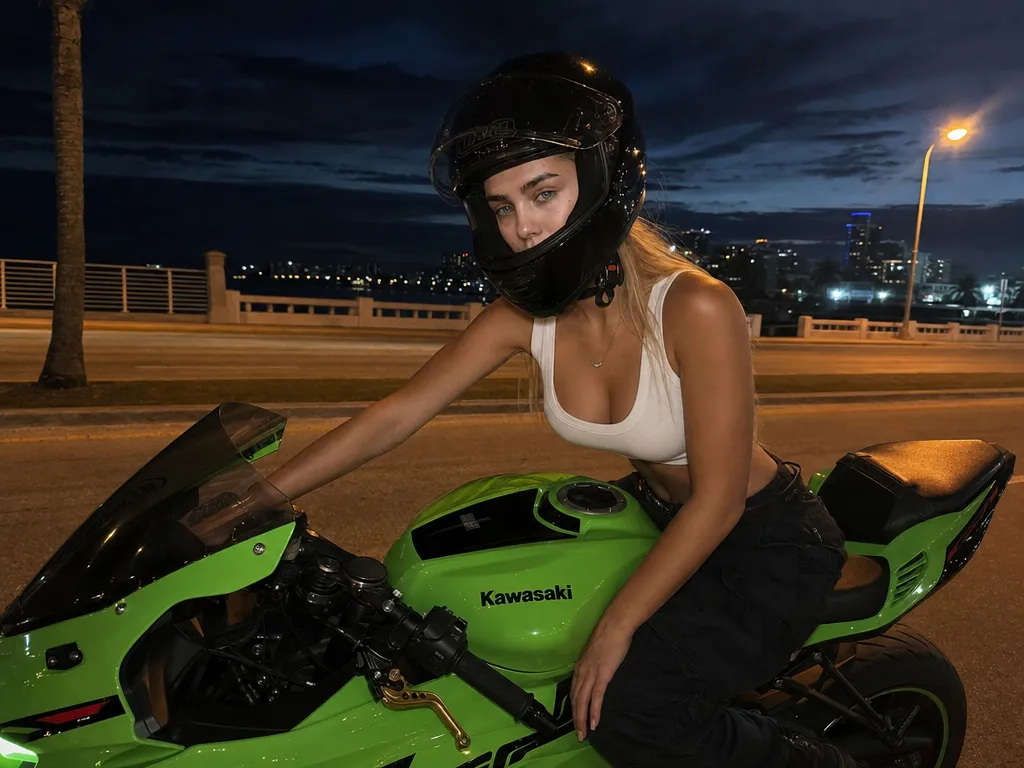 Photorealistic cinematic night street photo of a woman on a bright green Kawasaki-style sport motorcycle wearing a fitted tank top and partially open black helmet, with soft orange streetlight reflections under dusk twilight
