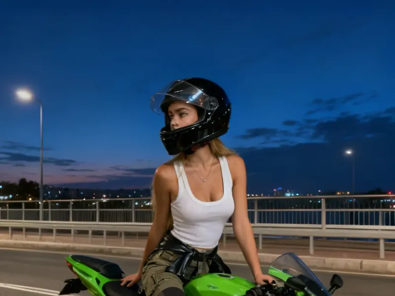 Photorealistic cinematic night street photo of a woman on a bright green Kawasaki-style sport motorcycle wearing a fitted tank top and partially open black helmet, with soft orange streetlight reflections under dusk twilight