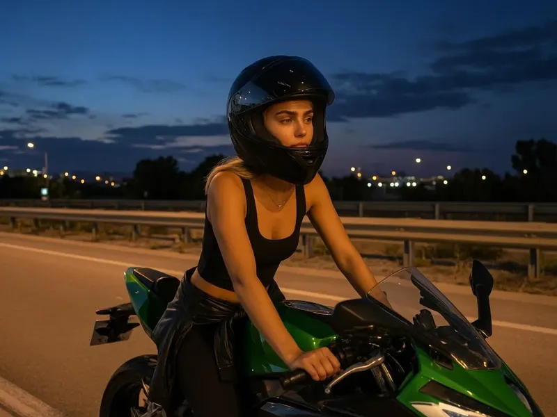 Photorealistic cinematic night street photo of a woman on a bright green Kawasaki-style sport motorcycle wearing a fitted tank top and partially open black helmet, with soft orange streetlight reflections under dusk twilight