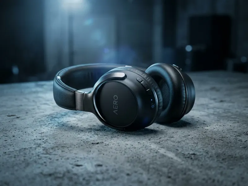 Wireless headphones resting on a minimalist concrete surface under moody blue-tinted studio lighting with a subtle lens flare, low-angle premium product shot
