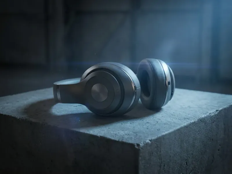 Wireless headphones resting on a minimalist concrete surface under moody blue-tinted studio lighting with a subtle lens flare, low-angle premium product shot