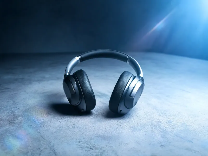 Wireless headphones resting on a minimalist concrete surface under moody blue-tinted studio lighting with a subtle lens flare, low-angle premium product shot