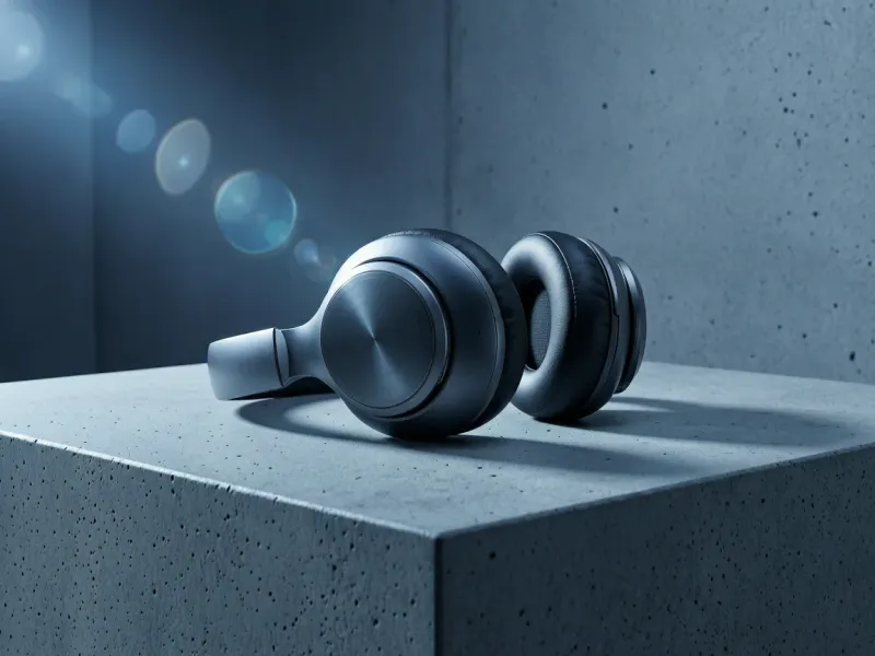 Wireless headphones resting on a minimalist concrete surface under moody blue-tinted studio lighting with a subtle lens flare, low-angle premium product shot