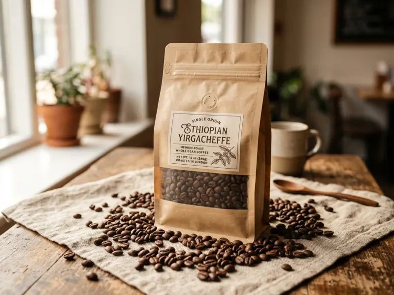 Coffee bag standing upright on raw linen cloth surrounded by scattered whole coffee beans, warm natural side lighting, photorealistic product shot