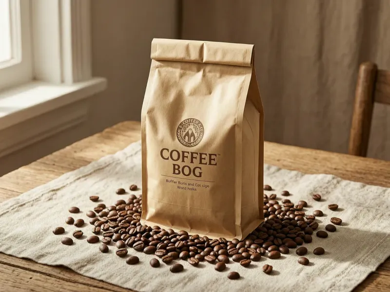 Coffee bag standing upright on raw linen cloth surrounded by scattered whole coffee beans, warm natural side lighting, photorealistic product shot