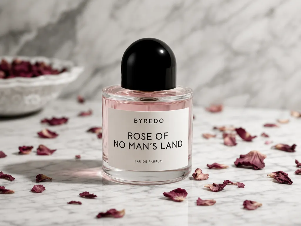 Perfume bottle on a white marble surface scattered with dried rose petals, soft diffused overhead lighting, editorial cosmetics product photography