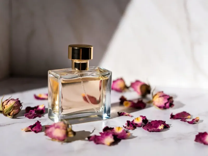 Perfume bottle on a white marble surface scattered with dried rose petals, soft diffused overhead lighting, editorial cosmetics product photography