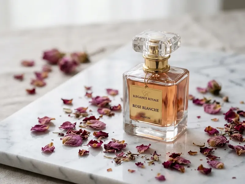 Perfume bottle on a white marble surface scattered with dried rose petals, soft diffused overhead lighting, editorial cosmetics product photography