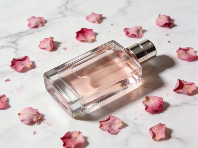 Perfume bottle on a white marble surface scattered with dried rose petals, soft diffused overhead lighting, editorial cosmetics product photography
