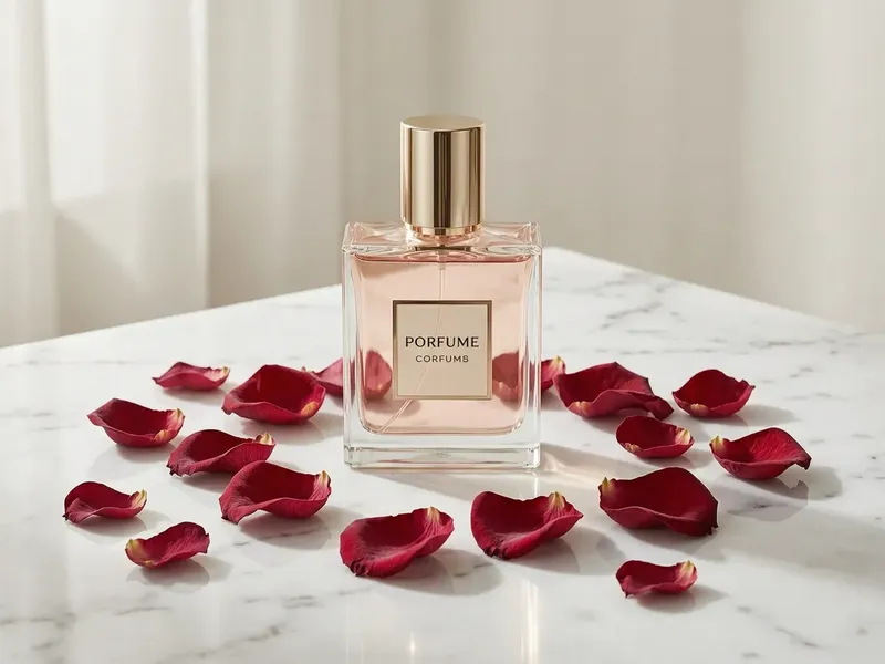 Perfume bottle on a white marble surface scattered with dried rose petals, soft diffused overhead lighting, editorial cosmetics product photography