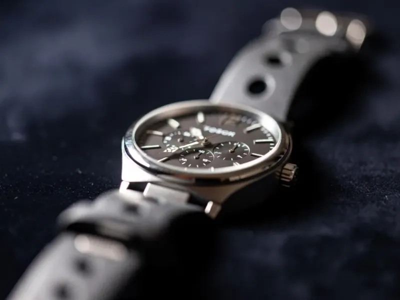 Macro close-up of a watch on a dark navy velvet surface, sharp focus on the dial and indices, soft falloff into the strap, luxury editorial product photography