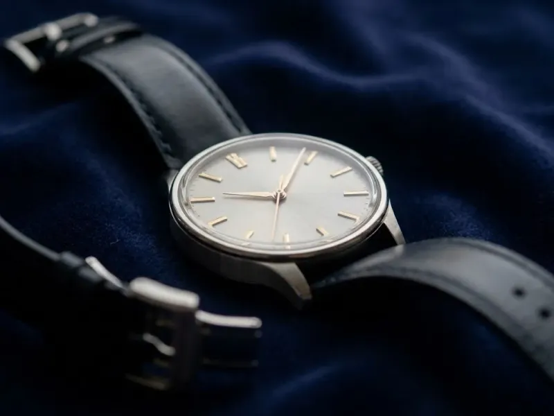 Macro close-up of a watch on a dark navy velvet surface, sharp focus on the dial and indices, soft falloff into the strap, luxury editorial product photography