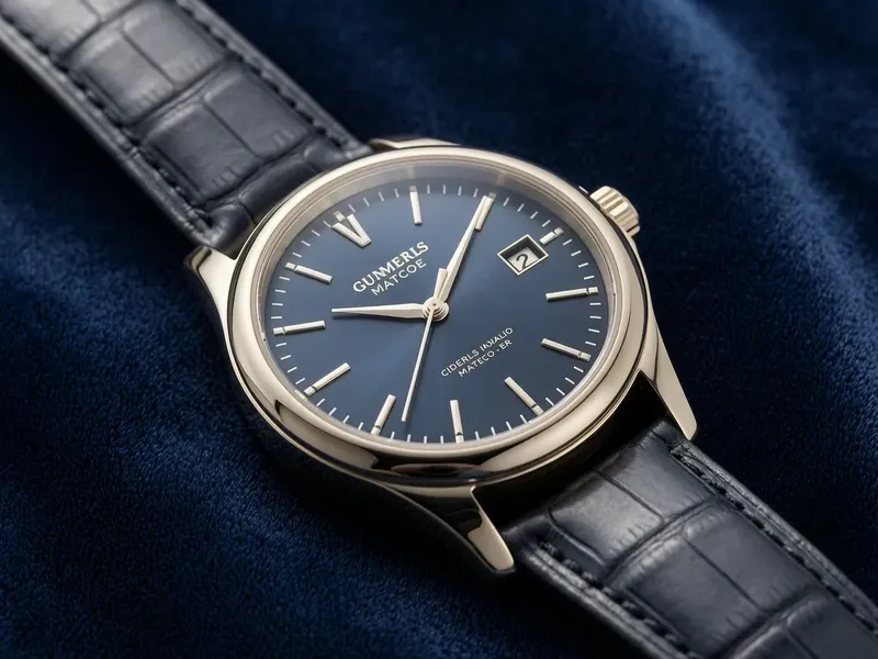 Macro close-up of a watch on a dark navy velvet surface, sharp focus on the dial and indices, soft falloff into the strap, luxury editorial product photography