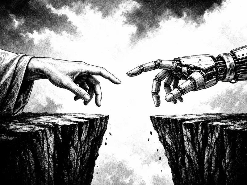 Editorial illustration of a human hand and a robotic hand reaching toward each other across a divide, high-contrast black and white ink style, newspaper opinion-page aesthetic
