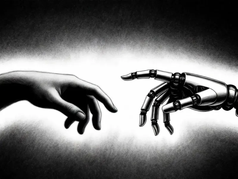 Editorial illustration of a human hand and a robotic hand reaching toward each other across a divide, high-contrast black and white ink style, newspaper opinion-page aesthetic
