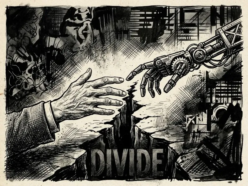 Editorial illustration of a human hand and a robotic hand reaching toward each other across a divide, high-contrast black and white ink style, newspaper opinion-page aesthetic