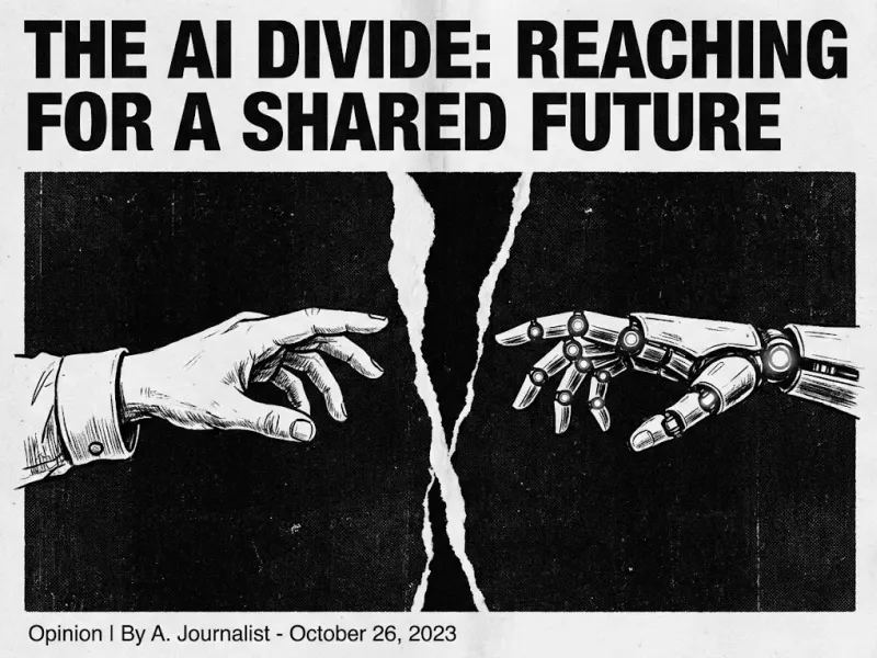 Editorial illustration of a human hand and a robotic hand reaching toward each other across a divide, high-contrast black and white ink style, newspaper opinion-page aesthetic