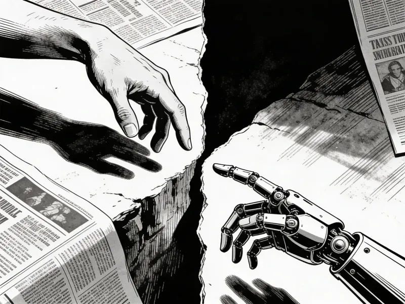 Editorial illustration of a human hand and a robotic hand reaching toward each other across a divide, high-contrast black and white ink style, newspaper opinion-page aesthetic