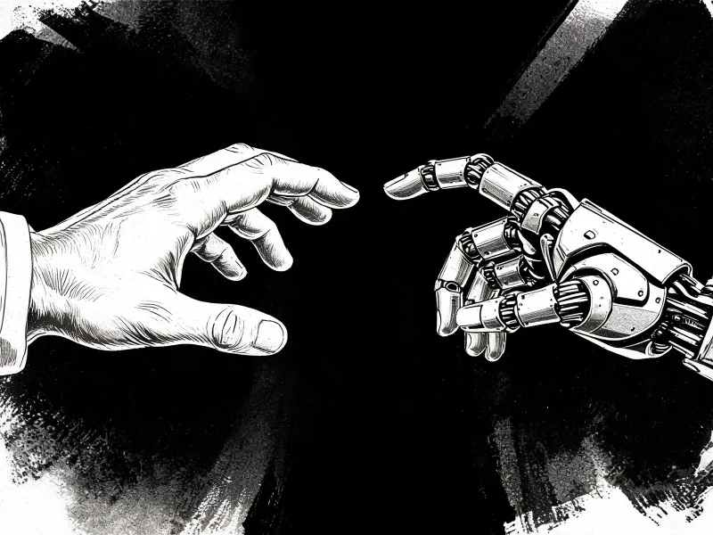 Editorial illustration of a human hand and a robotic hand reaching toward each other across a divide, high-contrast black and white ink style, newspaper opinion-page aesthetic