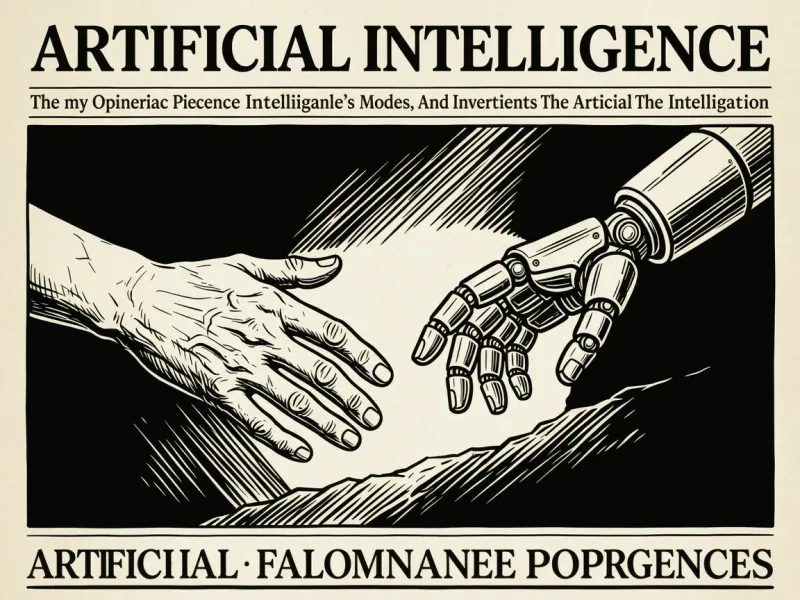 Editorial illustration of a human hand and a robotic hand reaching toward each other across a divide, high-contrast black and white ink style, newspaper opinion-page aesthetic