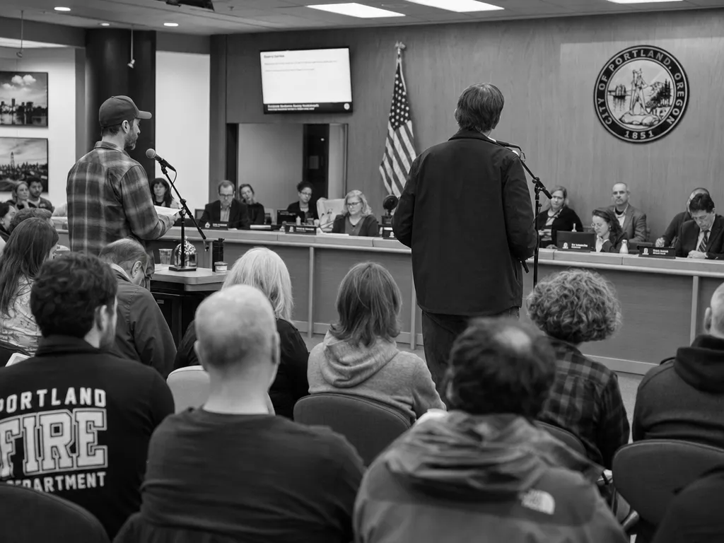Documentary photojournalism wide shot of a city council public hearing, citizens standing at microphones, officials seated at a long table behind, fluorescent institutional lighting, black and white