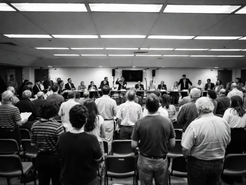 Documentary photojournalism wide shot of a city council public hearing, citizens standing at microphones, officials seated at a long table behind, fluorescent institutional lighting, black and white
