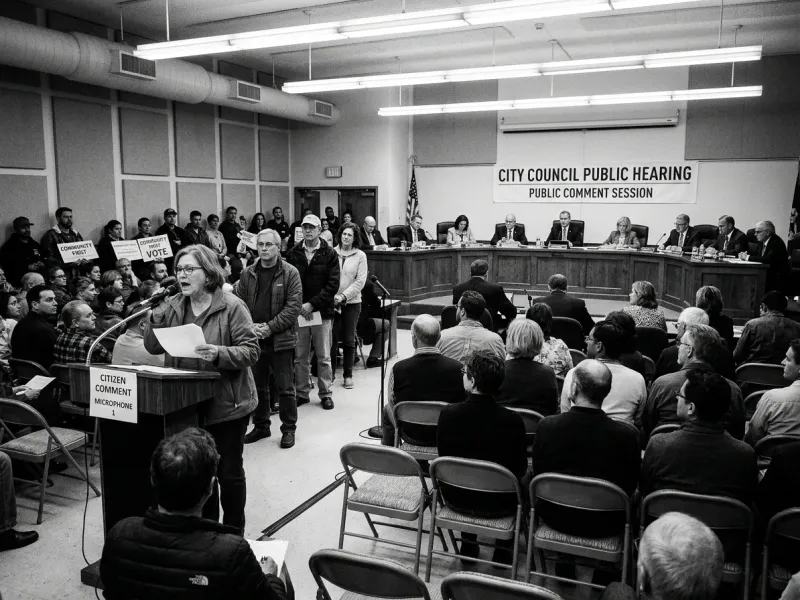 Documentary photojournalism wide shot of a city council public hearing, citizens standing at microphones, officials seated at a long table behind, fluorescent institutional lighting, black and white