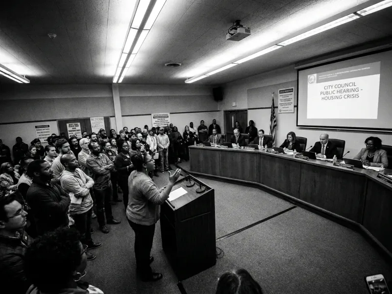 Documentary photojournalism wide shot of a city council public hearing, citizens standing at microphones, officials seated at a long table behind, fluorescent institutional lighting, black and white