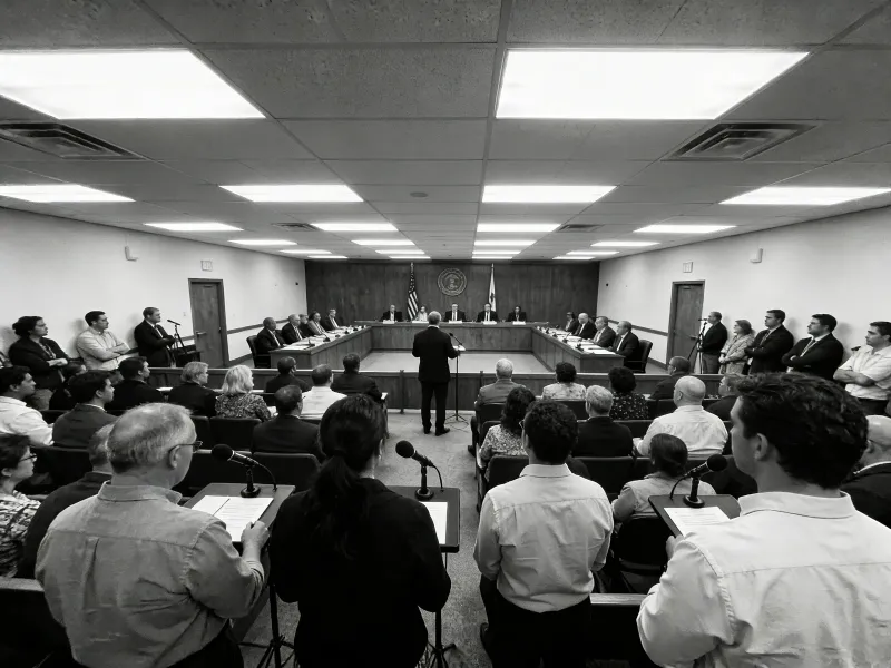 Documentary photojournalism wide shot of a city council public hearing, citizens standing at microphones, officials seated at a long table behind, fluorescent institutional lighting, black and white