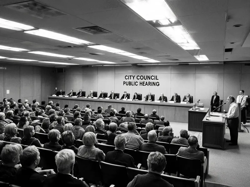 Documentary photojournalism wide shot of a city council public hearing, citizens standing at microphones, officials seated at a long table behind, fluorescent institutional lighting, black and white