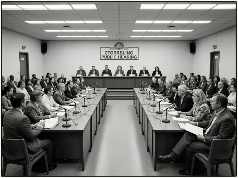 Documentary photojournalism wide shot of a city council public hearing, citizens standing at microphones, officials seated at a long table behind, fluorescent institutional lighting, black and white